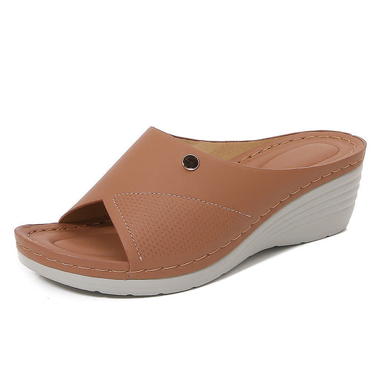 Women’s Wedge Slide Sandals – Open Toe – Perforated Strap – Cushioned Footbed