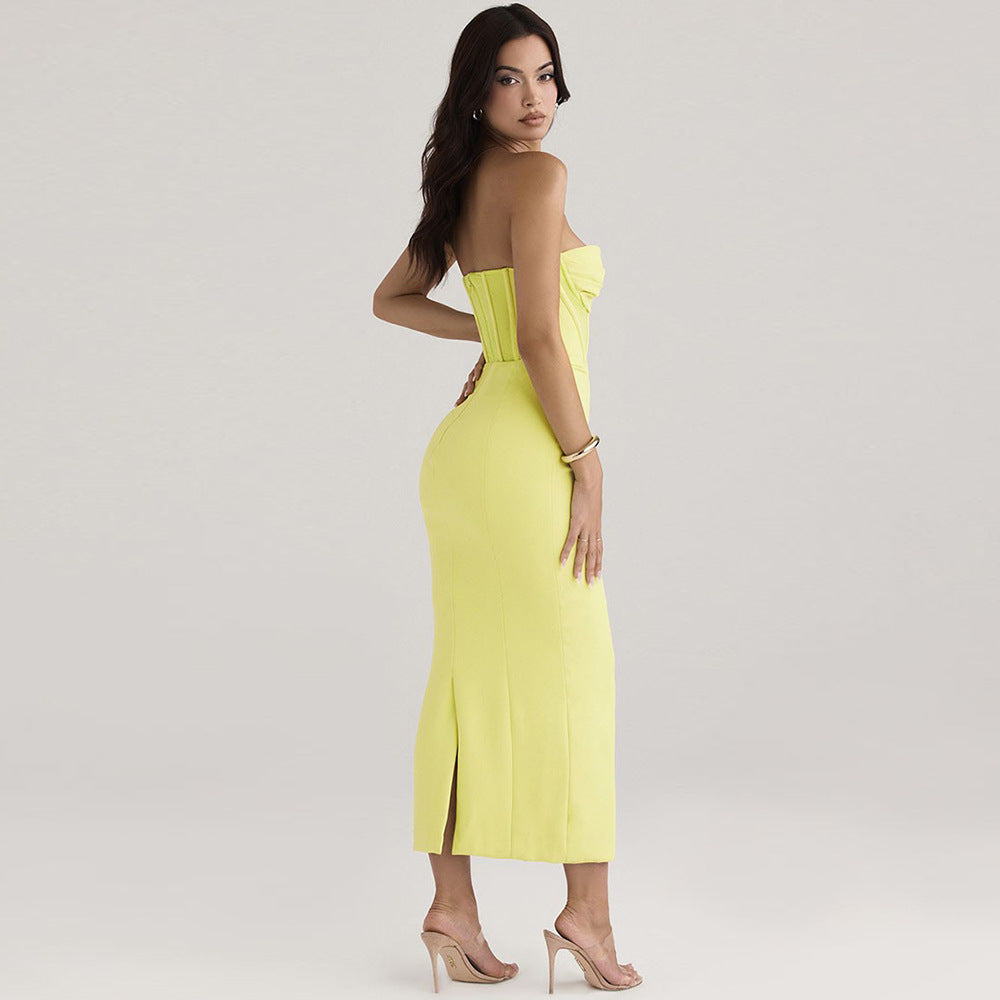 Women’s Strapless Bodycon Dress – Boned Bodice – Slim Fit Midi – Back Slit Elegant Wear