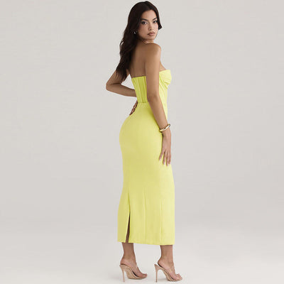 Women’s Strapless Bodycon Dress – Boned Bodice – Slim Fit Midi – Back Slit Elegant Wear