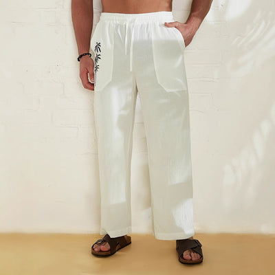 Men’s Wide-Leg Trousers – Relaxed Fit – Lightweight Crinkle Fabric – Drawstring Waist – Palm Tree Print