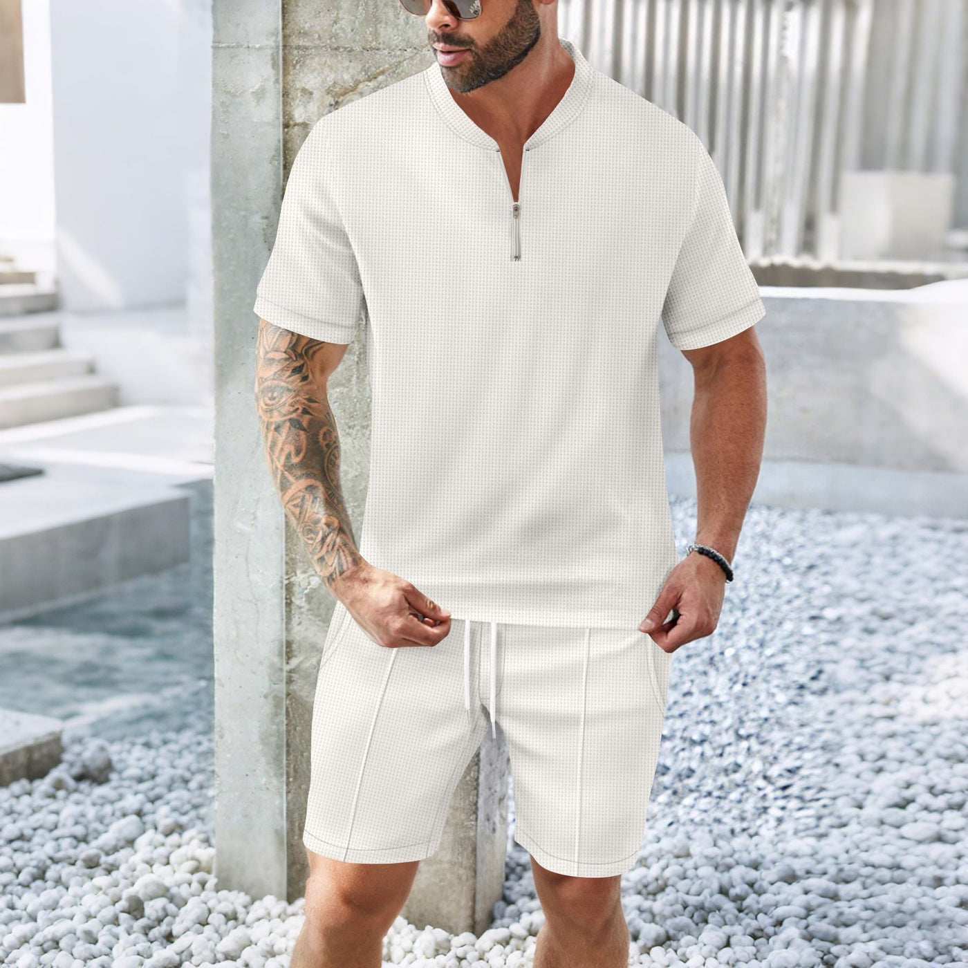 Men’s Sport Set – Relaxed Fit – Stretch Fabric – Zip Neck Top & Shorts