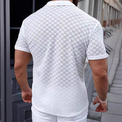 Men’s Knit Shirt – Relaxed Fit – Button-Up – Lace Detail – Short Sleeve Casual Wear