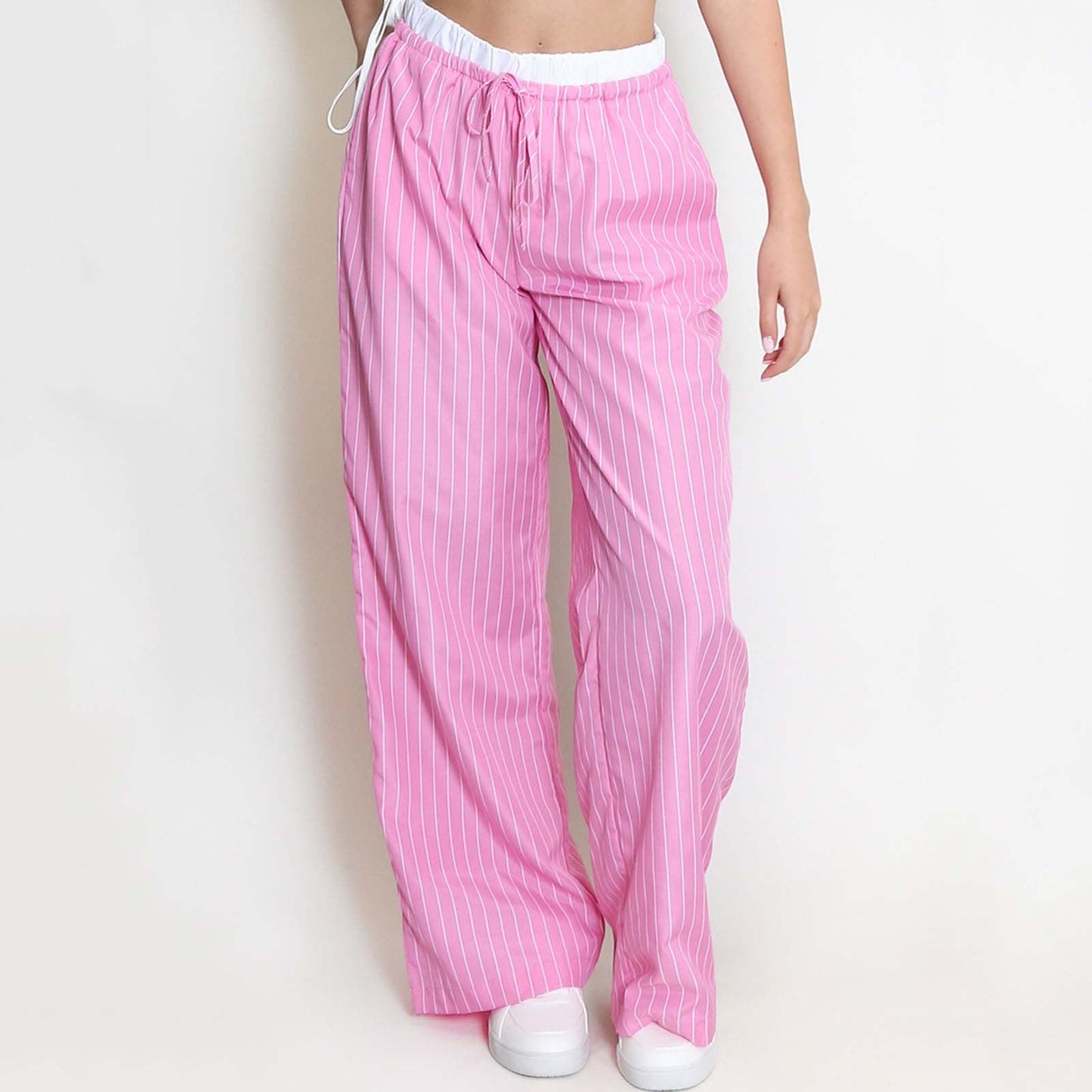 Women’s Wide-Leg Pants – Cotton Blend – Relaxed Fit – Drawstring Waist – Striped Pattern