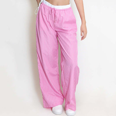 Women’s Wide-Leg Pants – Cotton Blend – Relaxed Fit – Drawstring Waist – Striped Pattern