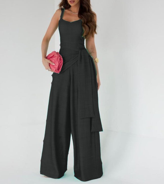 Women’s Jumpsuit – Wide Leg – Sleeveless – Adjustable Waist – Linen Blend – Full Length