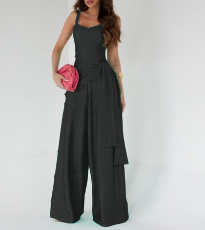 Women’s Jumpsuit – Wide Leg – Sleeveless – Adjustable Waist – Linen Blend – Full Length