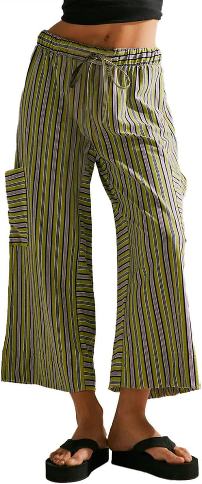 Women’s Wide-Leg Trousers – Relaxed Fit – Vertical Stripes – Breathable Blend – Drawstring Waist