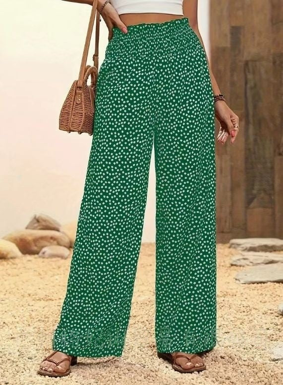 Women’s Flared Trousers – Relaxed Fit – Polka Dot – Elastic Waist – Breathable Blend