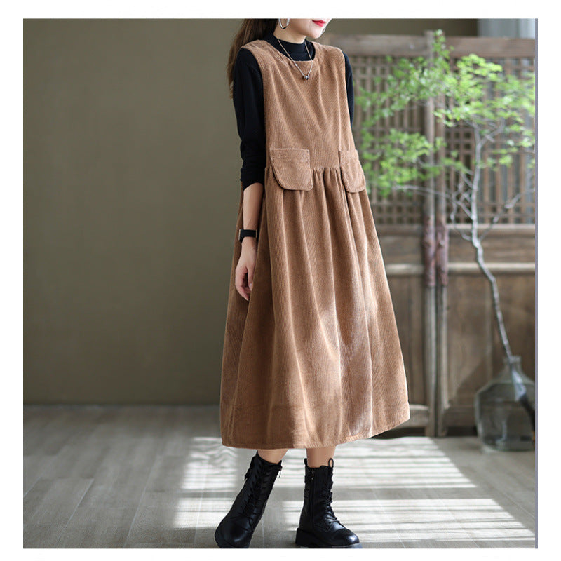 Women's Corduroy Pinafore Dress - Sleeveless A-Line Midi - Casual Loose Fit with Pockets