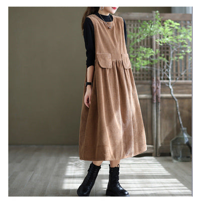 Women's Corduroy Pinafore Dress - Sleeveless A-Line Midi - Casual Loose Fit with Pockets