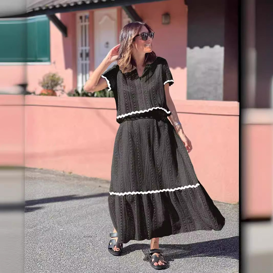 Women’s Skirt Set – Cotton Blend – Lace Trim – Relaxed Fit – Short Sleeve Top – Full-Length A-Line Skirt