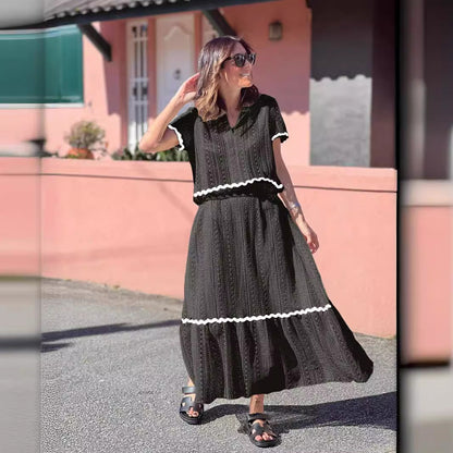Women’s Skirt Set – Cotton Blend – Lace Trim – Relaxed Fit – Short Sleeve Top – Full-Length A-Line Skirt