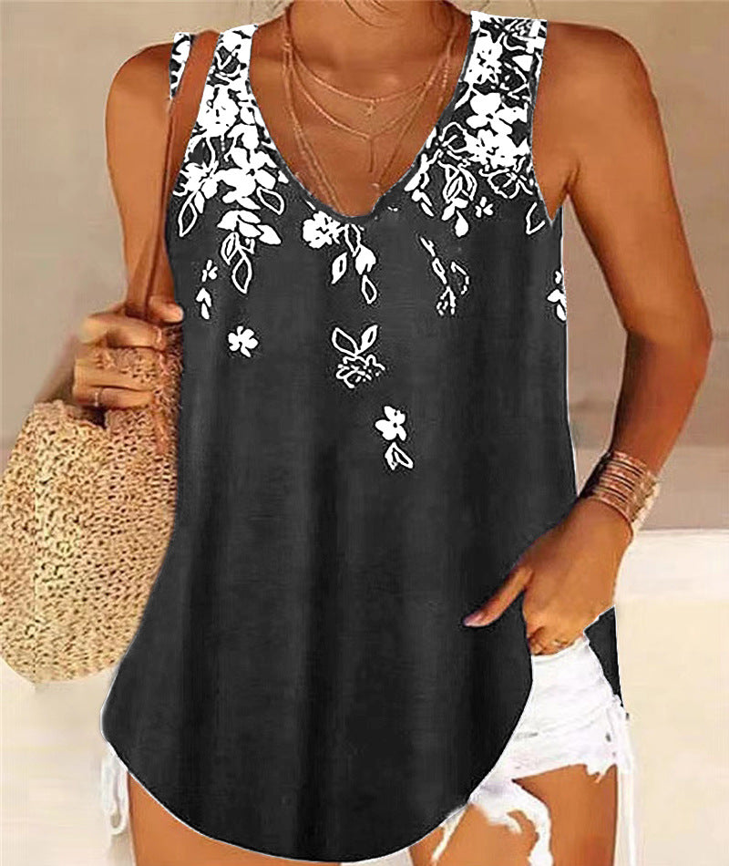 Women’s Tank Top – Relaxed Fit – V-Neck – Sleeveless – Floral Print – Breathable Blend