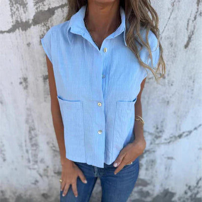 Women’s Sleeveless Top – Relaxed Fit – Button-Up Front – Natural Fibers – Collared Style