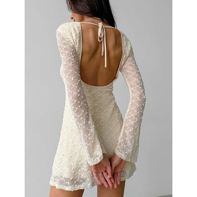 Women’s Mini Dress – Slim Fit – Jacquard Texture – Long Sleeve – Round Neckline