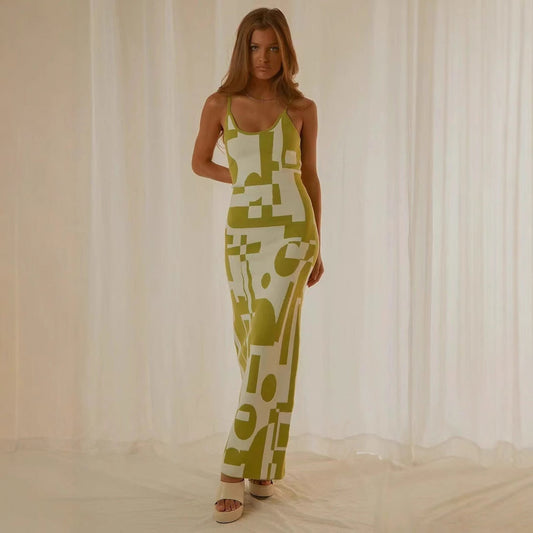 Women’s Maxi Dress – Bodycon Fit – Abstract Print – Spaghetti Straps – Stretch Fabric
