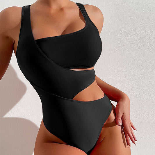 Women’s Swimsuit – One-Shoulder Cut-Out – Form-Fitting – High Leg Stretch Fit