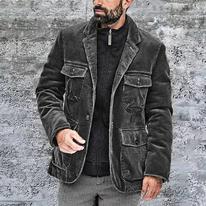 Men’s Corduroy Jacket – Tailored Fit – Notched Lapel – Button Front – Utility Pockets