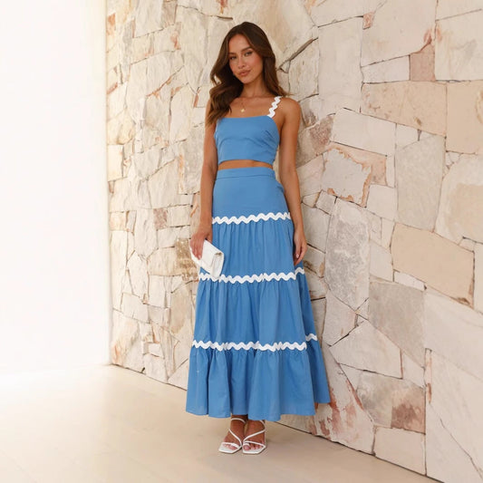 Women’s Two-Piece Set – Strapless Crop Top – Tiered Maxi Skirt – Wavy Trim