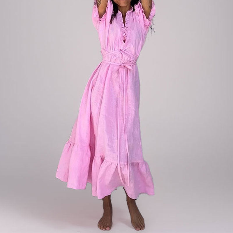 Women’s Midi Dress – Puff Sleeve – Lightweight Cotton – Tie Waist – Ruffled V-Neck