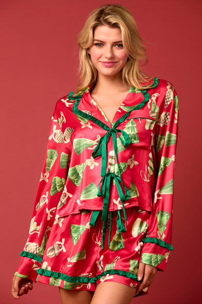 Women’s Pajama Set – Satin Finish – Relaxed Fit – Bow Top – Ruffle Trim Shorts