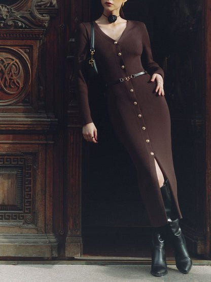 Women's Ribbed Knit Midi Dress - Button Detail - Long Sleeve