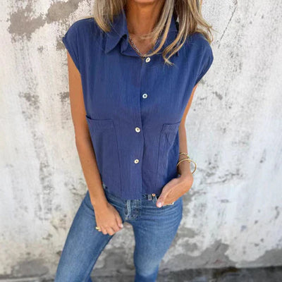Women’s Sleeveless Top – Relaxed Fit – Button-Up Front – Natural Fibers – Collared Style