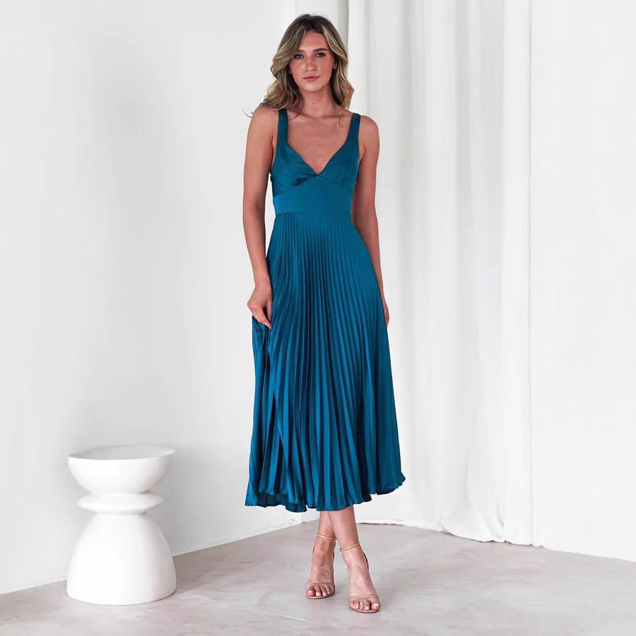Women’s Midi Dress – Satin Feel – A-Line Fit – V-Neck – Pleated Skirt – Spaghetti Straps