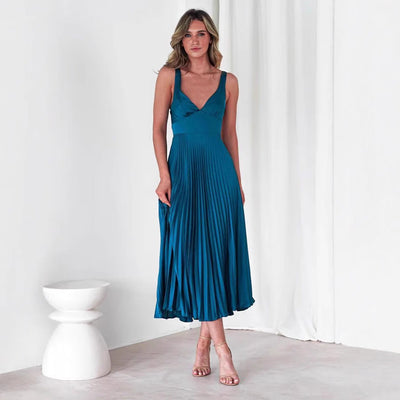 Women’s Midi Dress – Satin Feel – A-Line Fit – V-Neck – Pleated Skirt – Spaghetti Straps