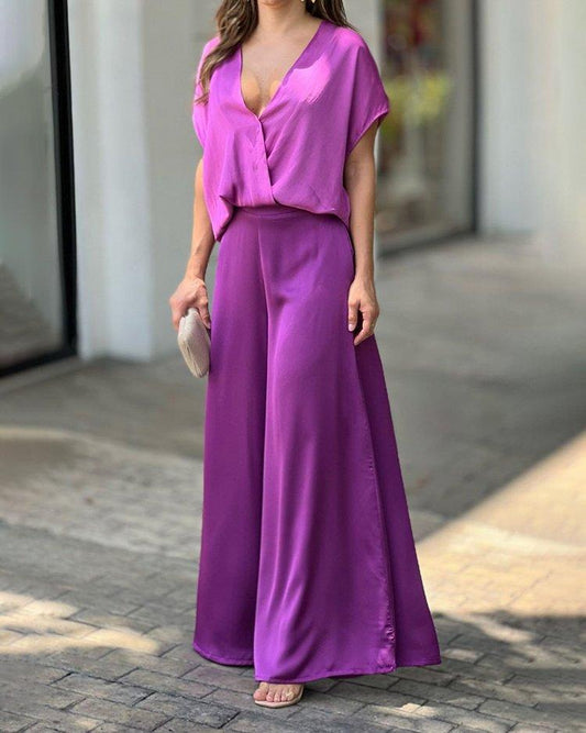 Women’s Pants Set – Silk Feel – Wide Leg – Deep V-Neck – Relaxed Fit – Full Length