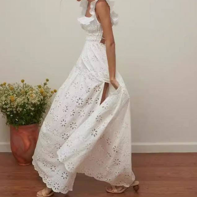 Women’s Full-Length Dress – Cotton Eyelet – Smocked Bodice – Ruffled Straps – High Slit