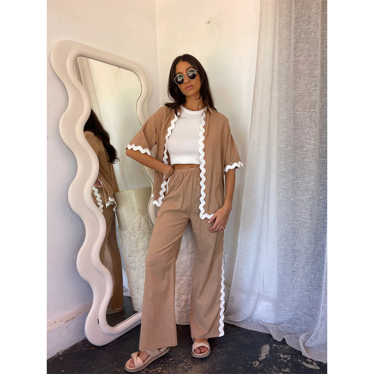 Women’s Two-Piece Set – Lightweight Cotton – Loose Fit – Scalloped Hem – Open Front