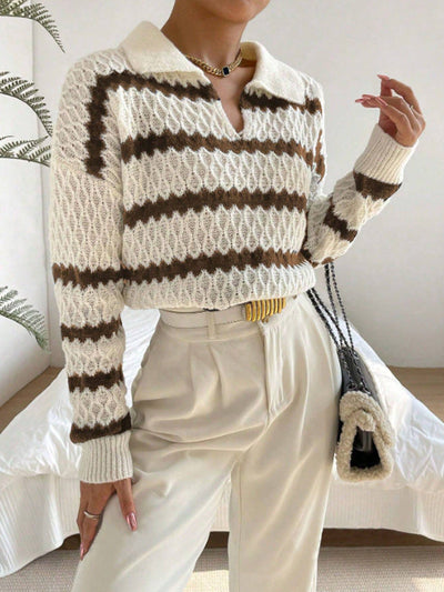 Women’s Pullover Sweater – Relaxed Fit – Polo Collar – Knit Striped Design – Long Sleeve