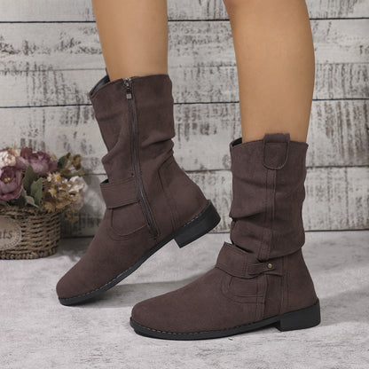 Women’s Mid-Calf Boots – Suede Finish – Block Heel – Side Zip – Slouched Fit
