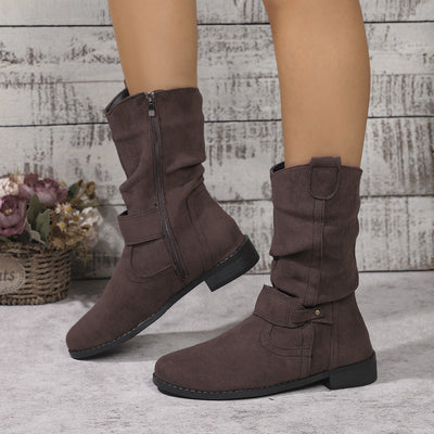 Women’s Mid-Calf Boots – Suede Finish – Block Heel – Side Zip – Slouched Fit