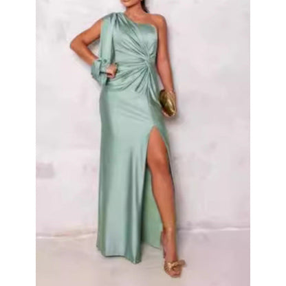 Women’s Maxi Dress – Satin Finish – One Shoulder – High Slit – Ruched Waist – Slim Fit