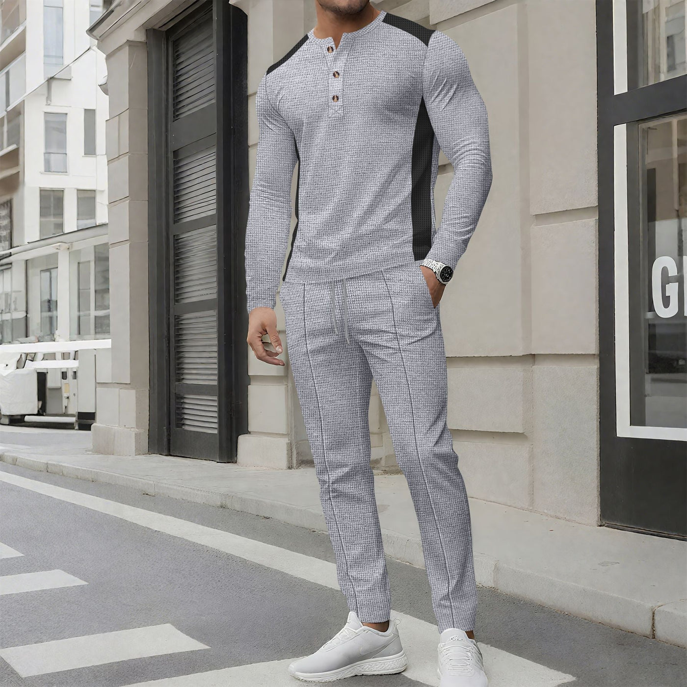 Men’s Tracksuit Set – Slim Fit – Long Sleeve Henley Top – Tapered Jogger Bottoms