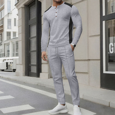 Men’s Tracksuit Set – Slim Fit – Long Sleeve Henley Top – Tapered Jogger Bottoms