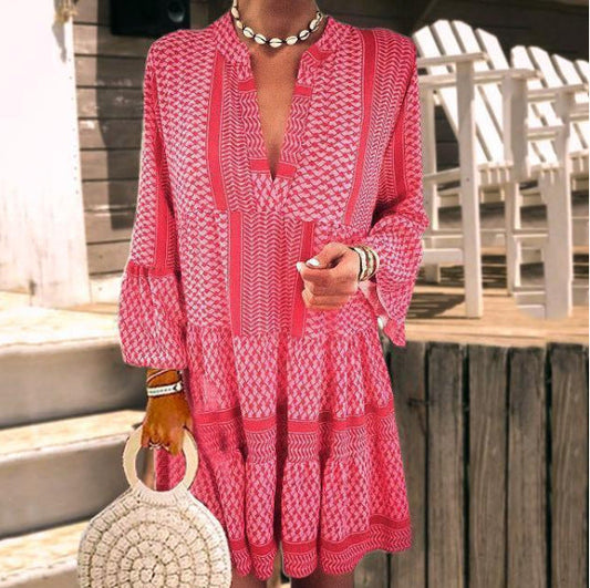 Women’s A-Line Dress – Breathable Blend – V-Neck – Long Sleeve – Tiered Hem