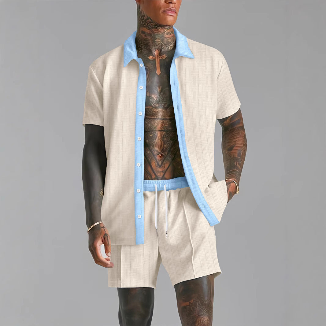 Men’s Shirt and Shorts Set – Cotton Blend – Relaxed Fit – Revere Collar – Drawstring Waist