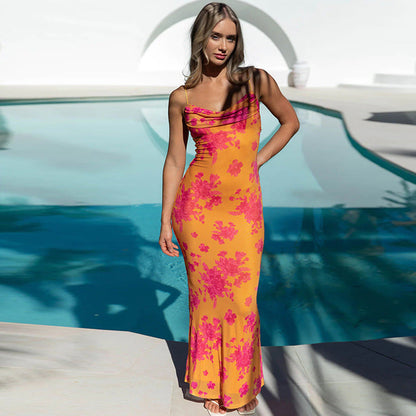 Women’s Sleeveless Dress – Slim Fit – Cowl Neck – Open Back – Floral Print – Maxi Length