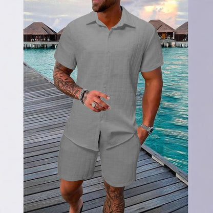 Men’s Shirt and Shorts Set – Relaxed Fit – Breathable Blend – Short Sleeve Button-Up