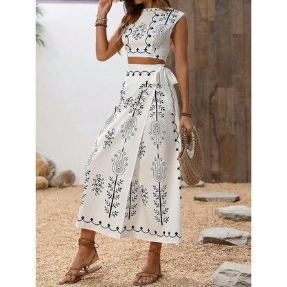 Women’s Two-Piece Set – Sleeveless Crop Top & Wrap Midi Skirt – Cotton Linen Blend