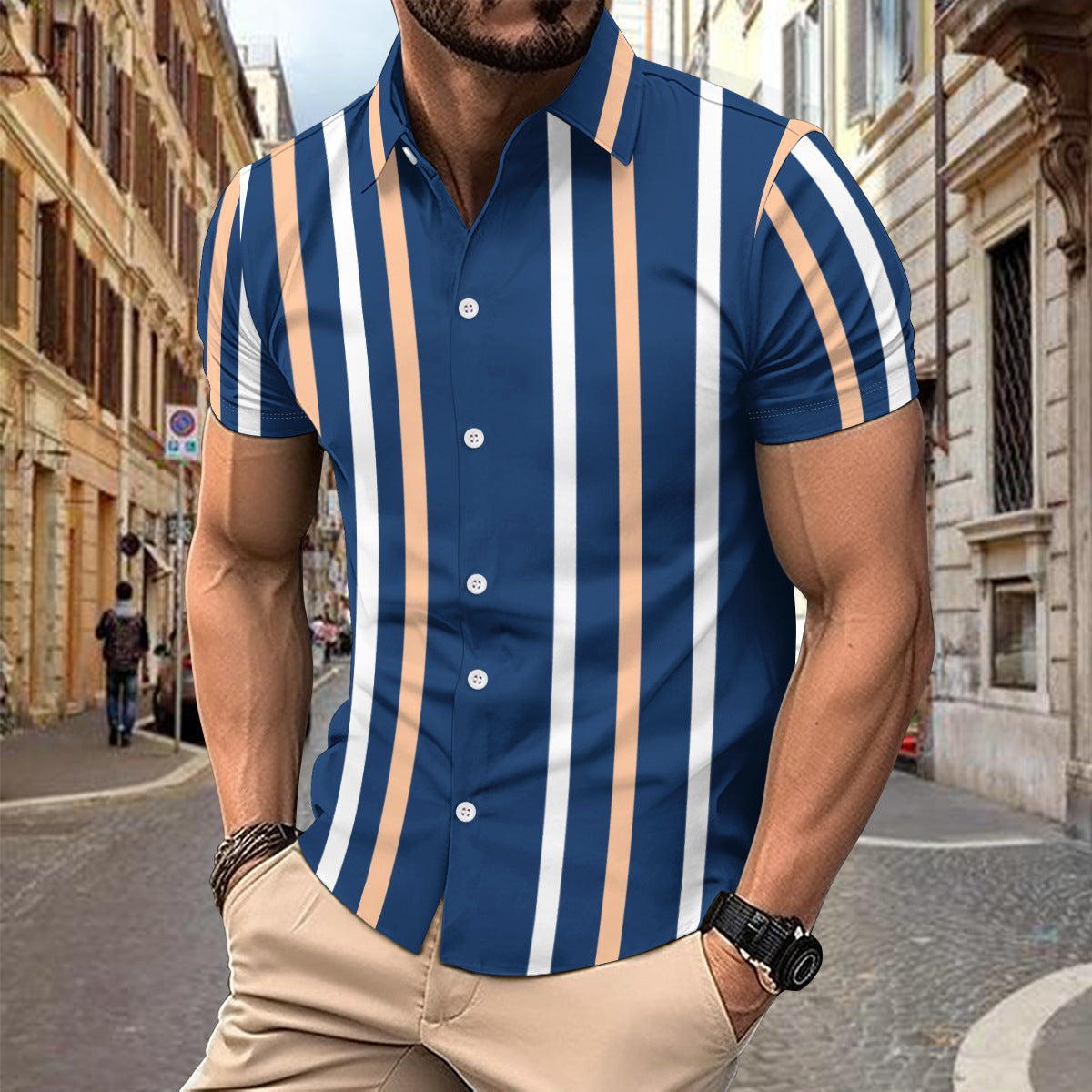 Men’s Short Sleeve Shirt – Slim Fit – Cotton – Vertical Stripe – Button Up Casual