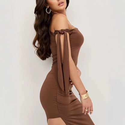 Women’s Off-Shoulder Midi Dress – Slim Fit – Stretch Jersey – Ruched – Asymmetrical Neckline