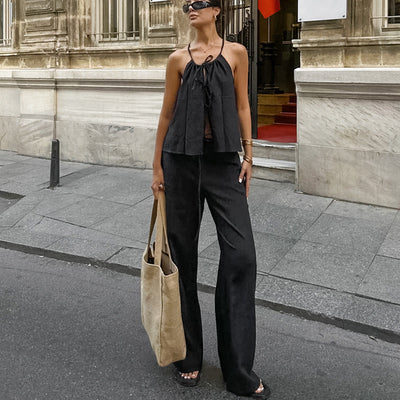 Women’s Two-Piece Set – Linen Blend – Tie-Front Crop Top – Wide-Leg High-Waist Trousers