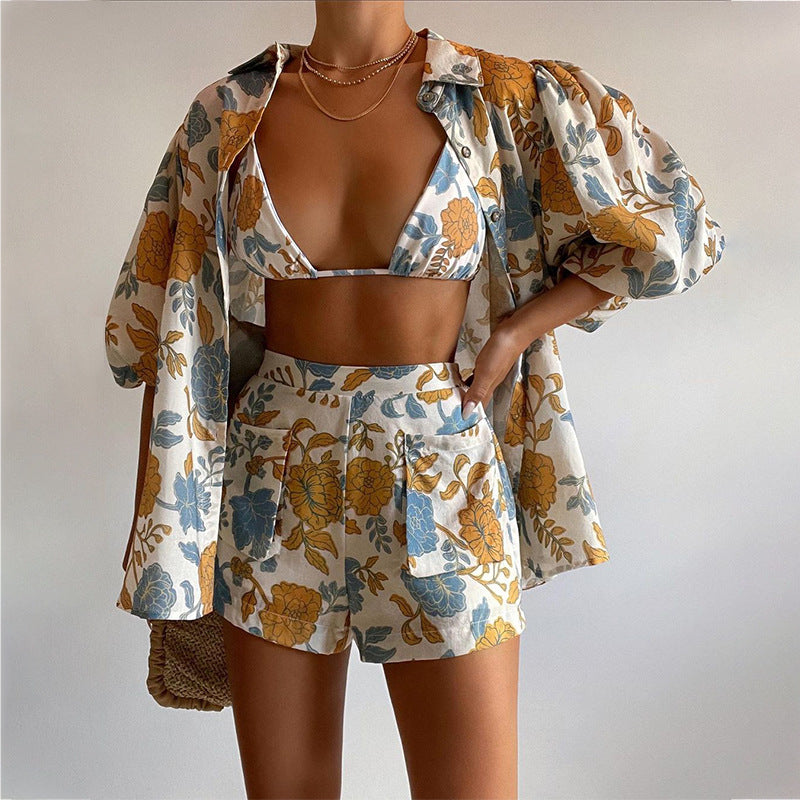 Women’s Relaxed Fit Shirt – Lightweight Breathable Cotton Blend – Floral Print – Puff Sleeve