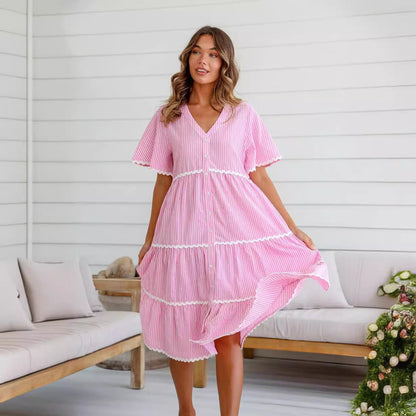 Women’s V-Neck Dress – Loose Fit – Tiered Layers with Lace Trim – Short Sleeve Cotton Blend