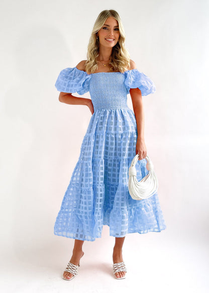 Women’s Maxi Dress – Off-Shoulder – Puff Sleeves – Smocked Waist – Tiered Skirt – Breathable Blend