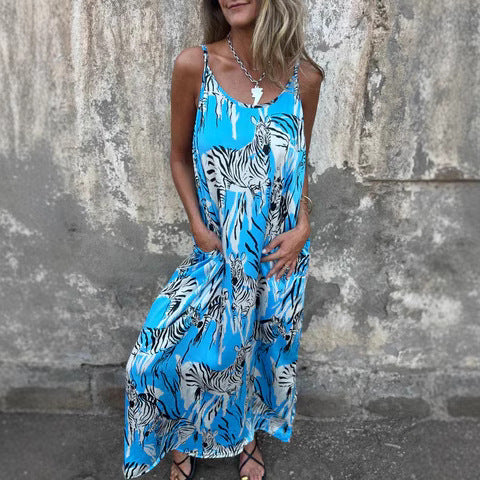 Women’s Maxi Dress – Relaxed Fit – Natural Fibers – Adjustable Straps – Pockets – Animal Print